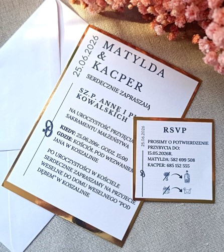 zaproszenie ślubne, elegancie zaproszenie ze złotą ramką.