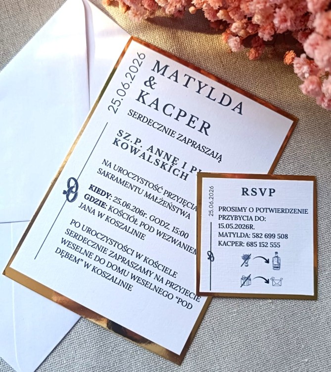zaproszenie ślubne, elegancie zaproszenie ze złotą ramką.